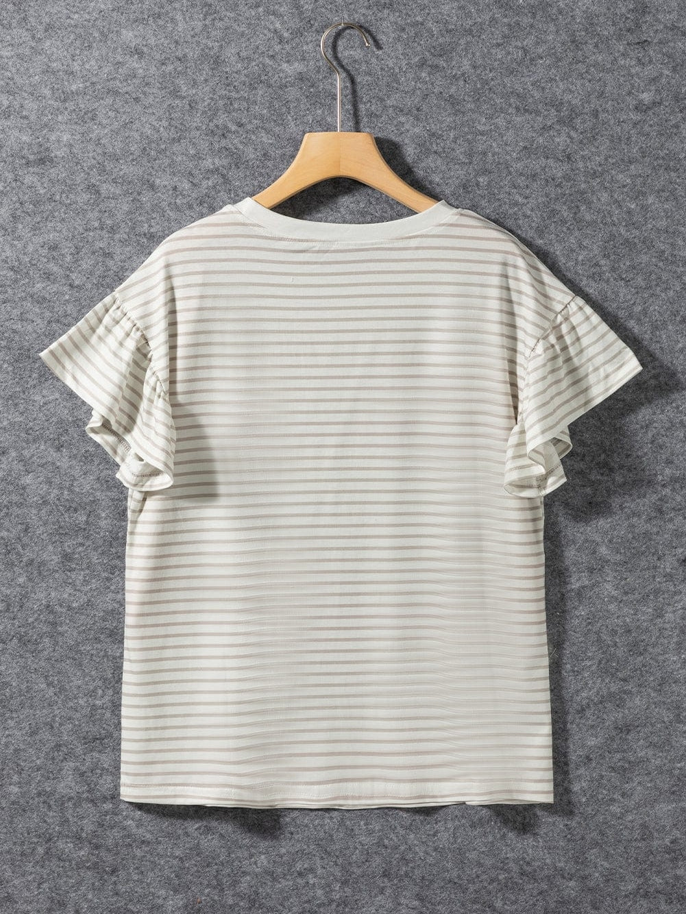Apricot Lace Trimmed Striped Ruffle Sleeve Tee
