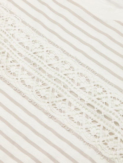 Apricot Lace Trimmed Striped Ruffle Sleeve Tee
