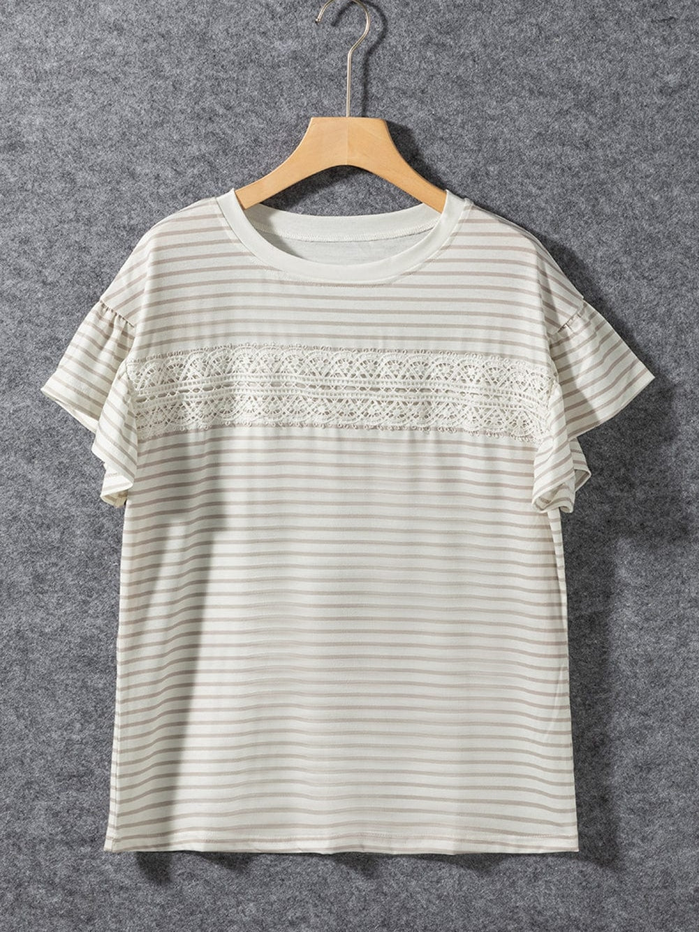 Apricot Lace Trimmed Striped Ruffle Sleeve Tee