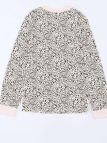 Apricot Leopard Print Round Neck Long Sleeve Top