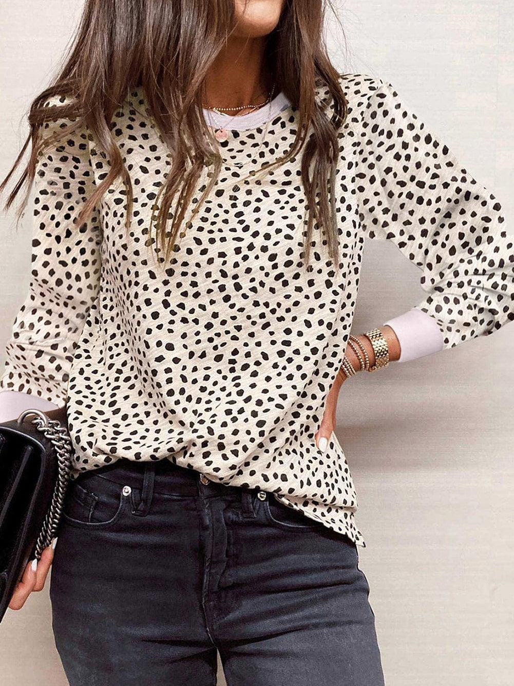 Apricot Leopard Print Round Neck Long Sleeve Top
