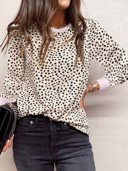 Apricot Leopard Print Round Neck Long Sleeve Top