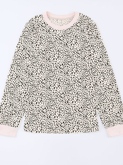 Apricot Leopard Print Round Neck Long Sleeve Top