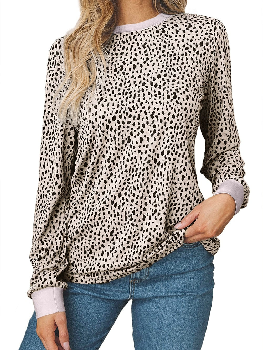 Apricot Leopard Print Round Neck Long Sleeve Top
