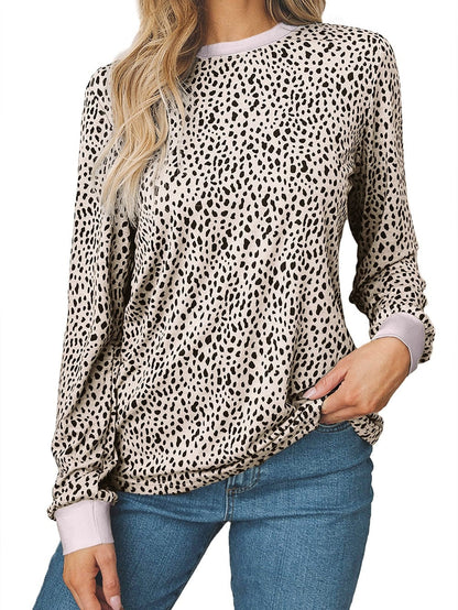 Apricot Leopard Print Round Neck Long Sleeve Top