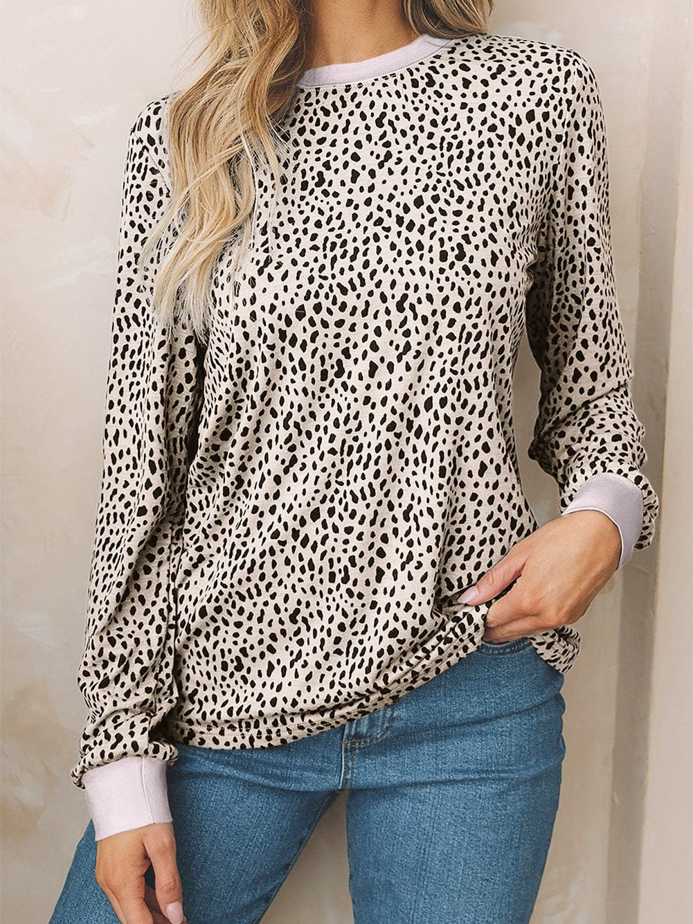 Apricot Leopard Print Round Neck Long Sleeve Top