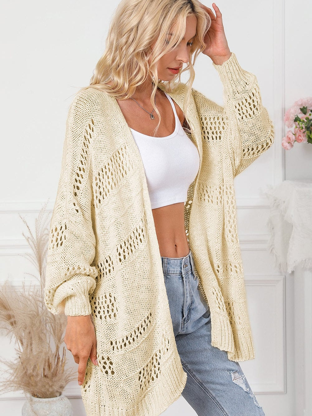 Apricot Lightweight Open Knit Dolman Sleeve Cardigan