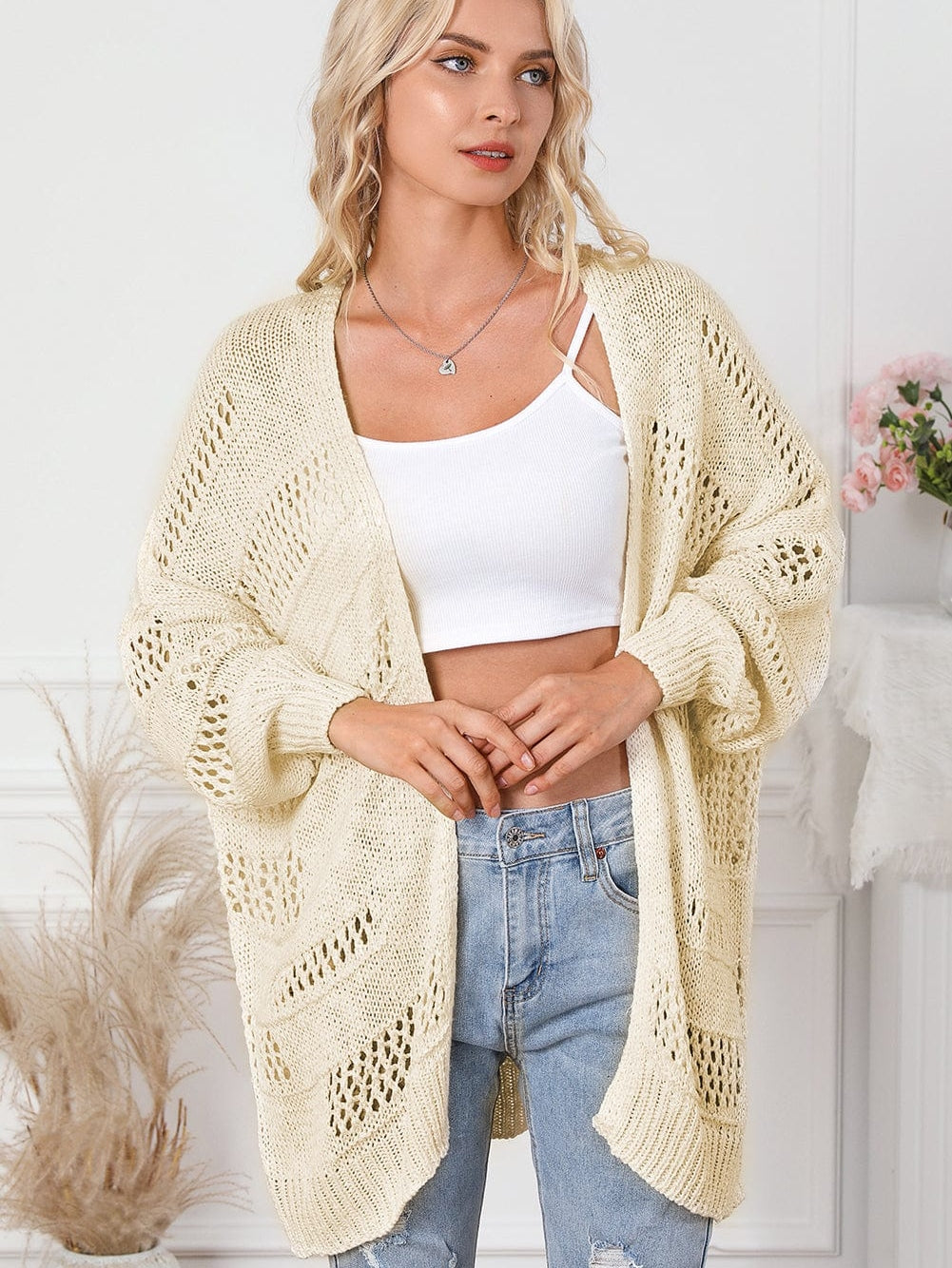 Apricot Lightweight Open Knit Dolman Sleeve Cardigan