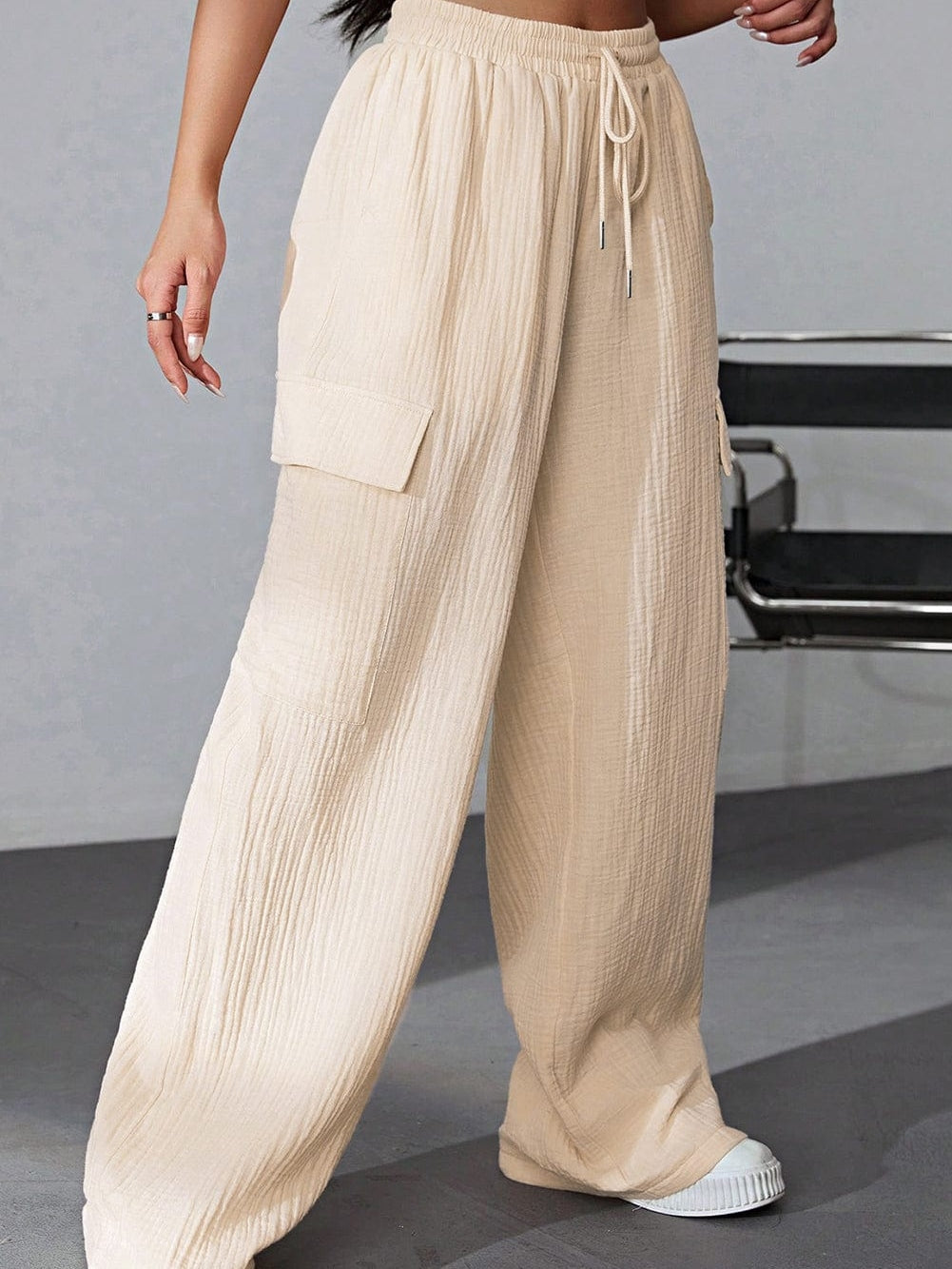 Apricot Loose Drawstring High Waist Crinkled Cargo Pants