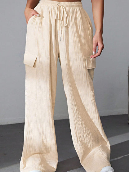 Apricot Loose Drawstring High Waist Crinkled Cargo Pants