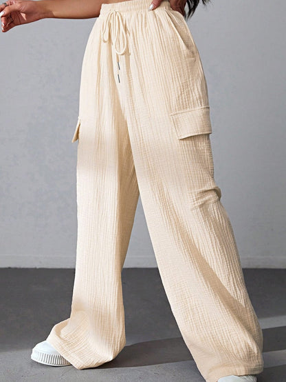 Apricot Loose Drawstring High Waist Crinkled Cargo Pants
