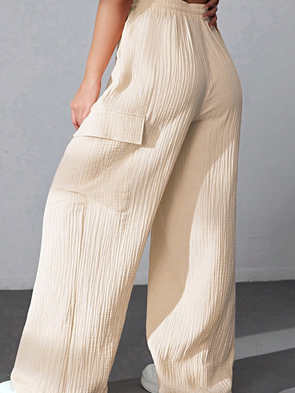 Apricot Loose Drawstring High Waist Crinkled Cargo Pants