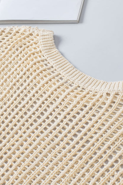 Apricot Mesh Detail Round Neck Short Sleeve Sweater Top