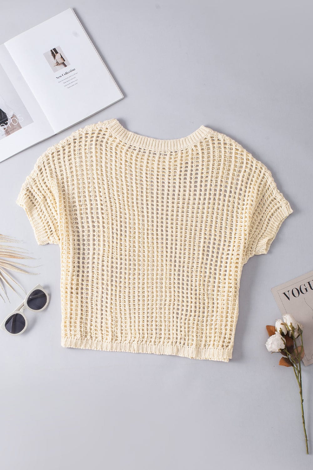 Apricot Mesh Detail Round Neck Short Sleeve Sweater Top