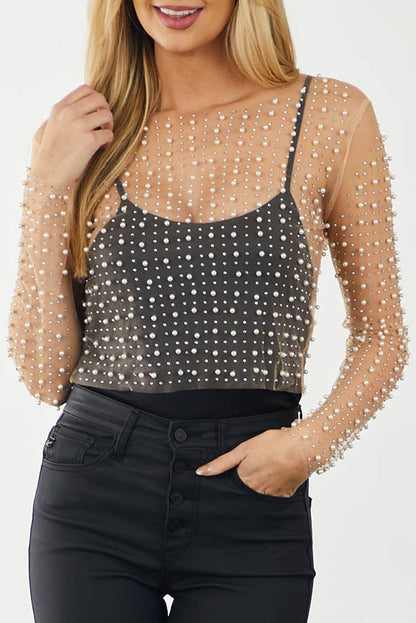 Apricot Mesh Sheer Top with Pearl and Rhinestone Embellishments