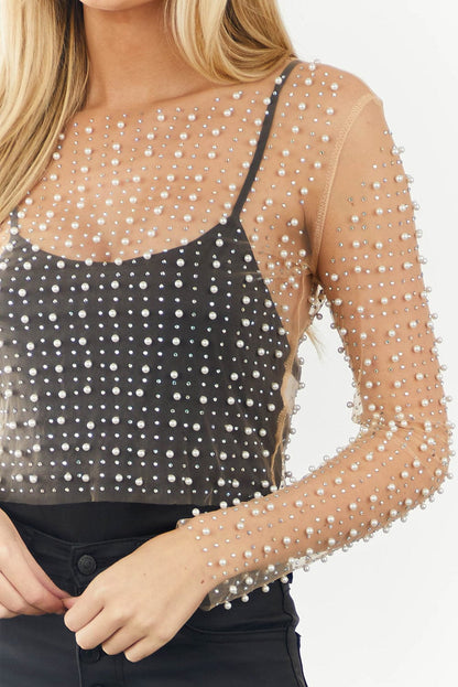 Apricot Mesh Sheer Top with Pearl and Rhinestone Embellishments