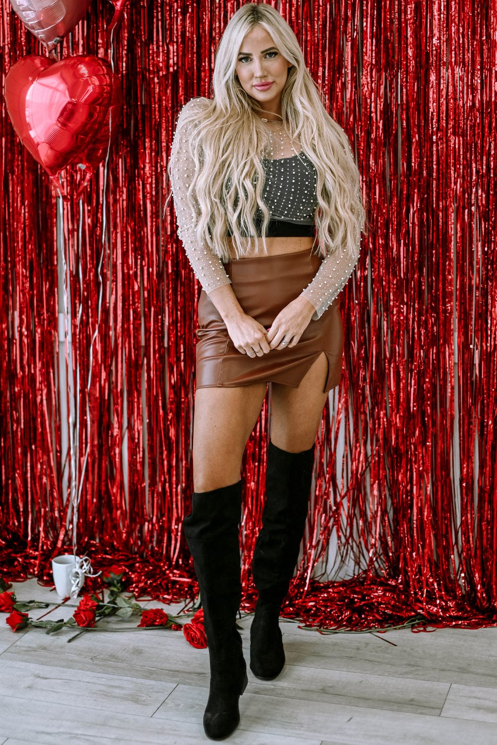 Apricot Mesh Sheer Top with Pearl and Rhinestone Embellishments