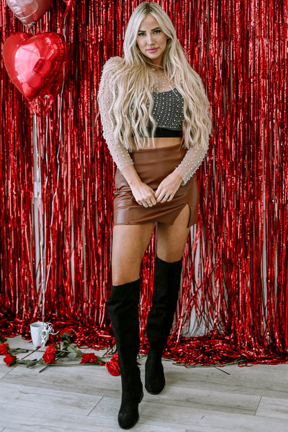 Apricot Mesh Sheer Top with Pearl and Rhinestone Embellishments