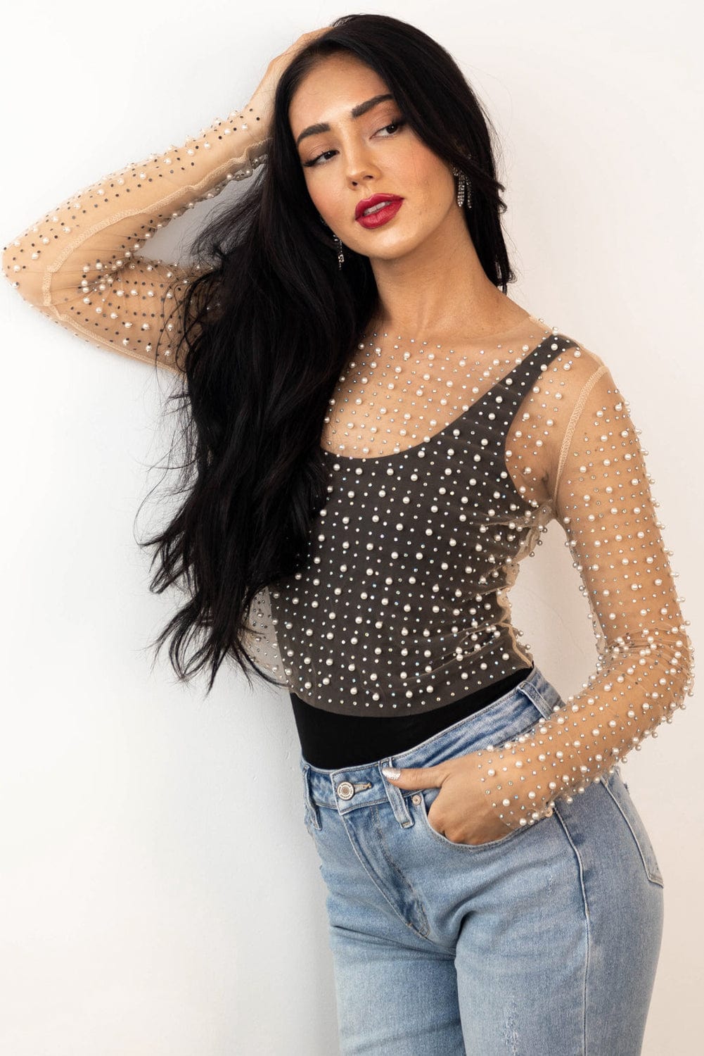 Apricot Mesh Sheer Top with Pearl and Rhinestone Embellishments