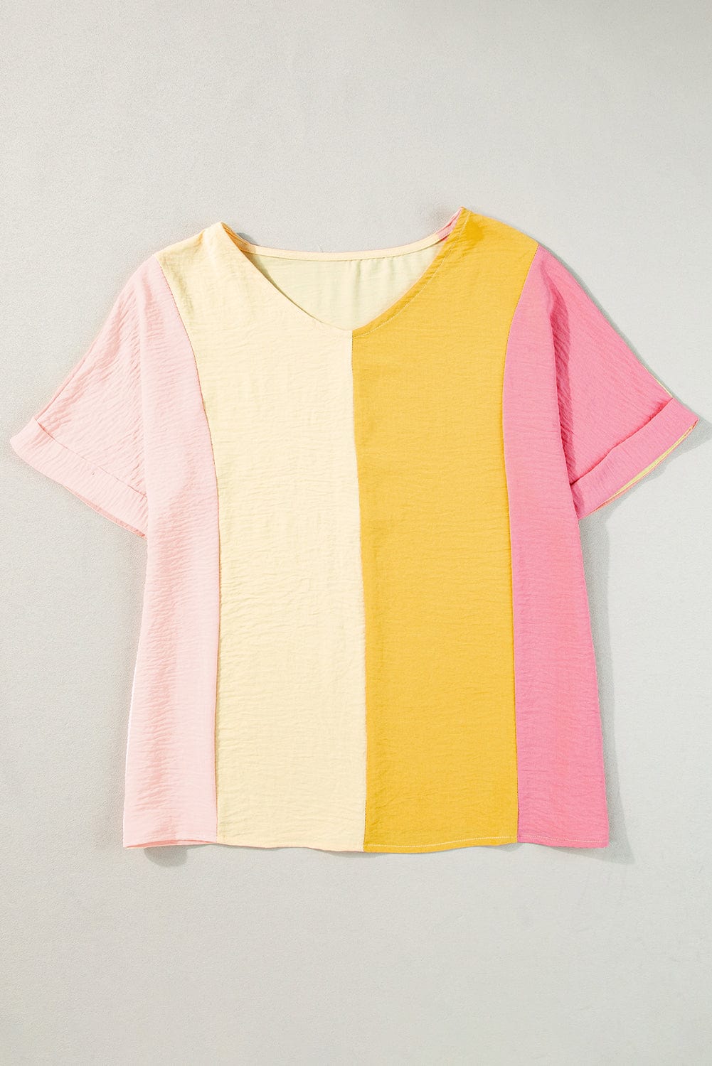 Apricot Patchwork Colorblock V Neck Summer T Shirt