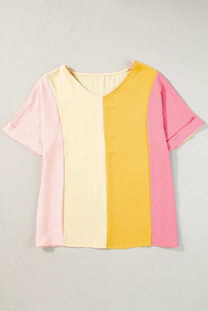Apricot Patchwork Colorblock V Neck Summer T Shirt