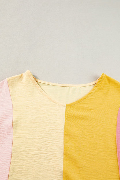 Apricot Patchwork Colorblock V Neck Summer T Shirt