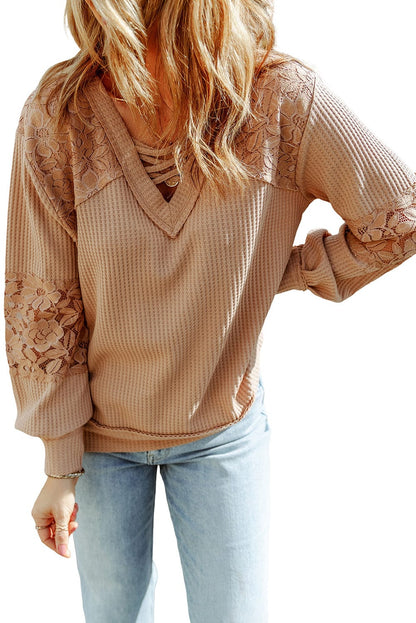 Apricot Patchwork Lace Detail V Neck Waffle Knit Long Sleeve Top