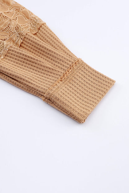 Apricot Patchwork Lace Detail V Neck Waffle Knit Long Sleeve Top