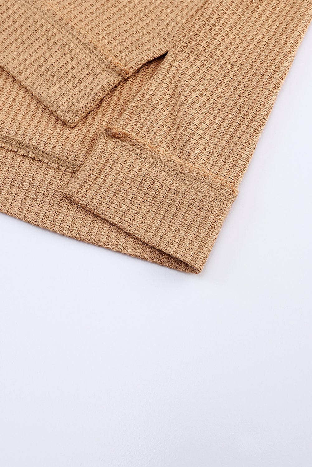 Apricot Patchwork Lace Detail V Neck Waffle Knit Long Sleeve Top