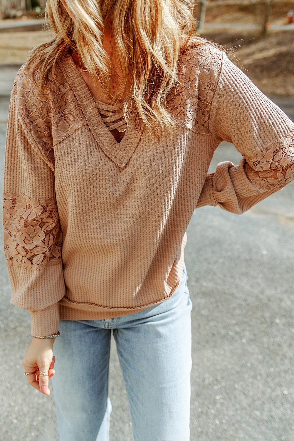 Apricot Patchwork Lace Detail V Neck Waffle Knit Long Sleeve Top