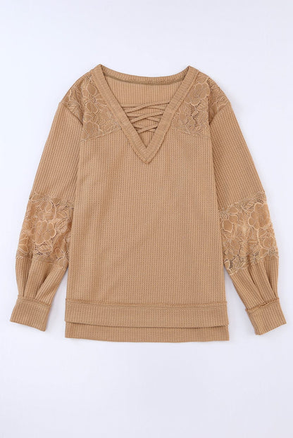 Apricot Patchwork Lace Detail V Neck Waffle Knit Long Sleeve Top