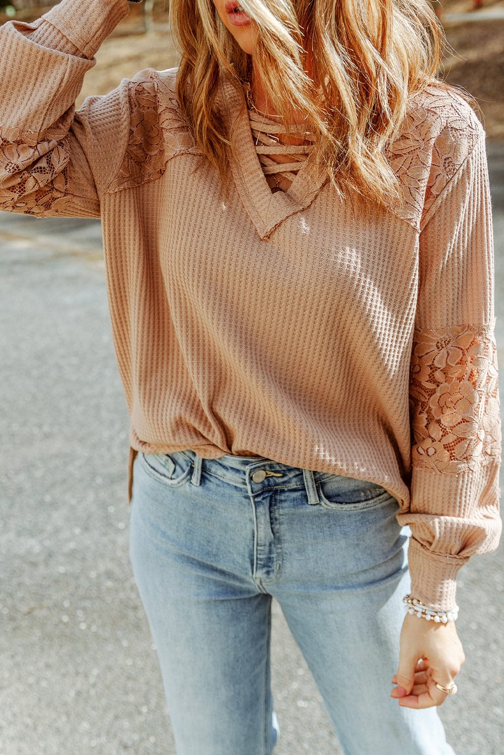 Apricot Patchwork Lace Detail V Neck Waffle Knit Long Sleeve Top