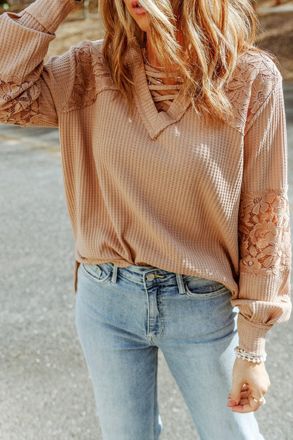 Apricot Patchwork Lace Detail V Neck Waffle Knit Long Sleeve Top