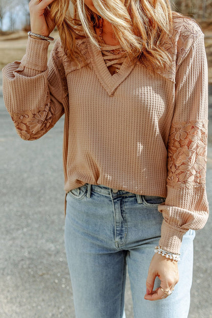 Apricot Patchwork Lace Detail V Neck Waffle Knit Long Sleeve Top