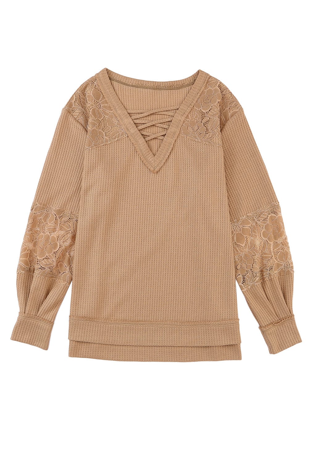 Apricot Patchwork Lace Detail V Neck Waffle Knit Long Sleeve Top