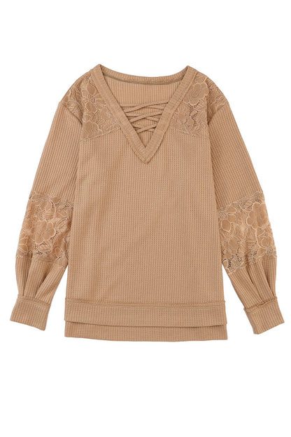 Apricot Patchwork Lace Detail V Neck Waffle Knit Long Sleeve Top
