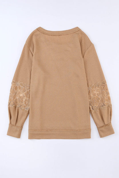 Apricot Patchwork Lace Detail V Neck Waffle Knit Long Sleeve Top
