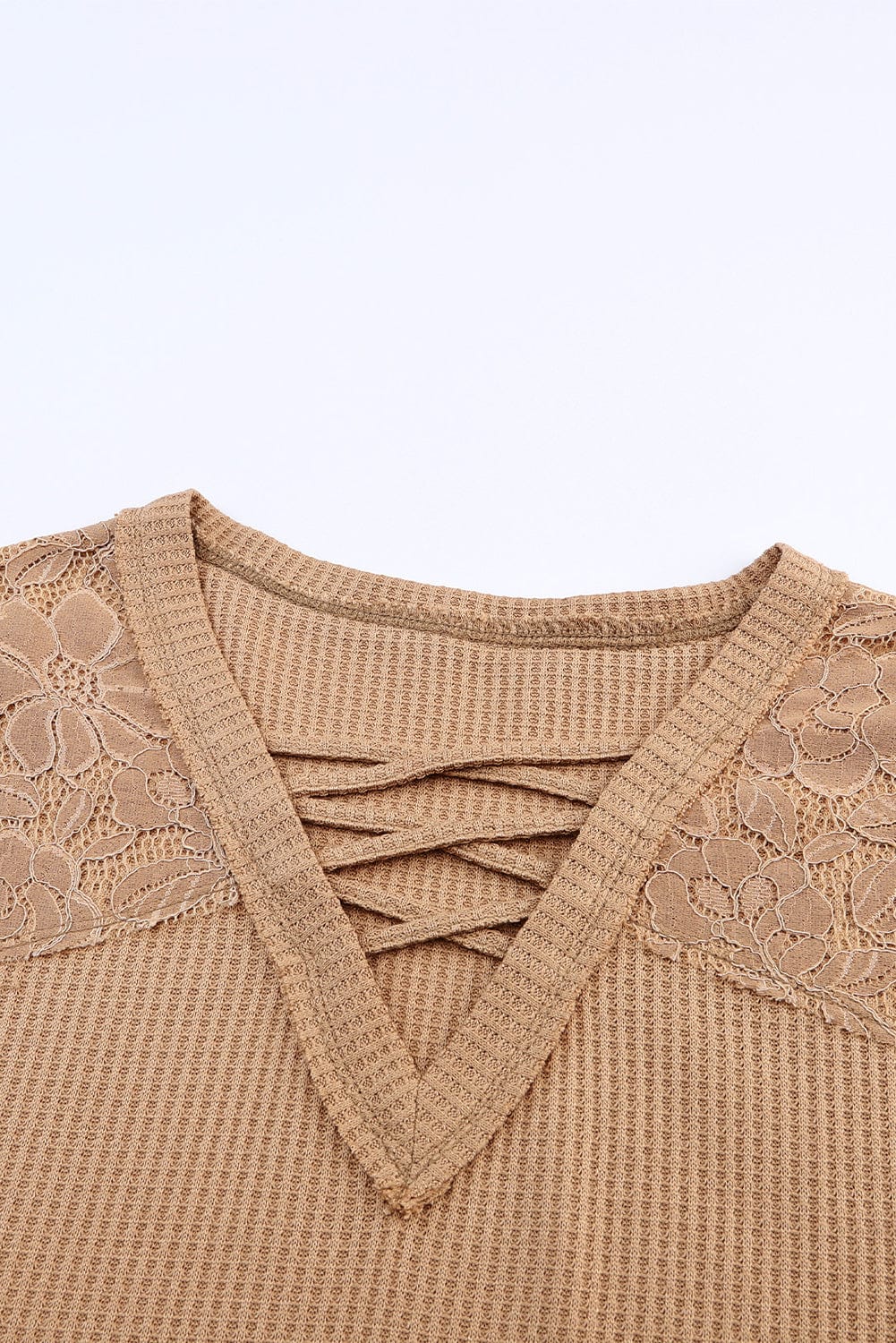 Apricot Patchwork Lace Detail V Neck Waffle Knit Long Sleeve Top