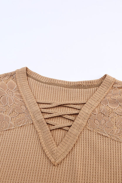 Apricot Patchwork Lace Detail V Neck Waffle Knit Long Sleeve Top