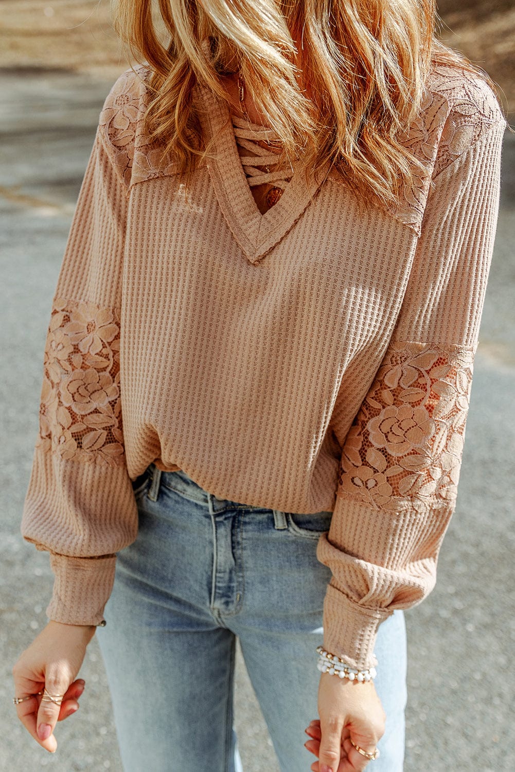 Apricot Patchwork Lace Detail V Neck Waffle Knit Long Sleeve Top