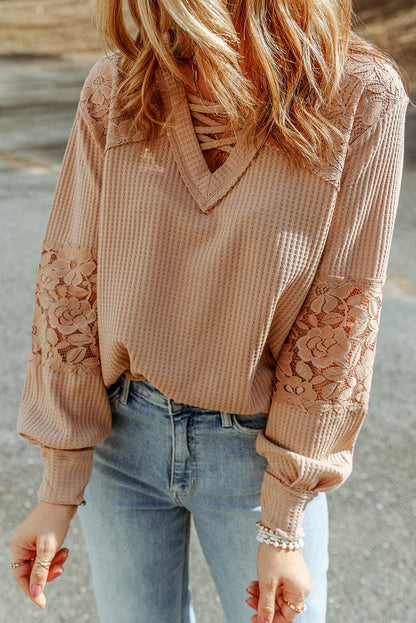 Apricot Patchwork Lace Detail V Neck Waffle Knit Long Sleeve Top
