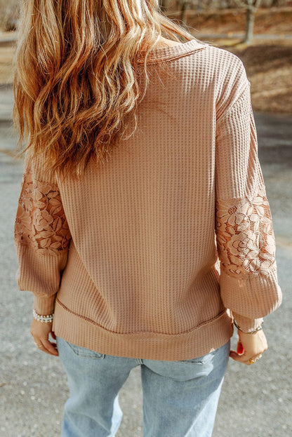 Apricot Patchwork Lace Detail V Neck Waffle Knit Long Sleeve Top