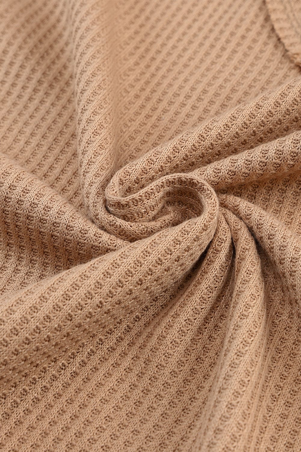 Apricot Patchwork Lace Detail V Neck Waffle Knit Long Sleeve Top