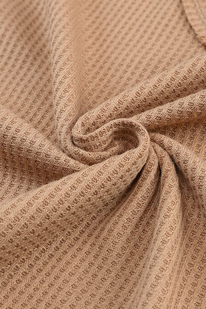 Apricot Patchwork Lace Detail V Neck Waffle Knit Long Sleeve Top