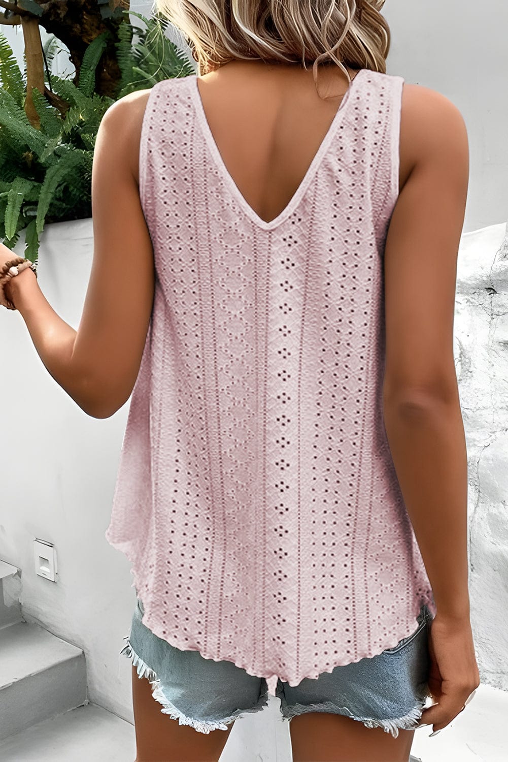 Apricot Pink Crochet Lace V-Neck Loose Fit Tank Top with Intricate Hollowouts
