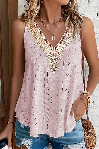 Apricot Pink Crochet Lace V-Neck Loose Fit Tank Top with Intricate Hollowouts
