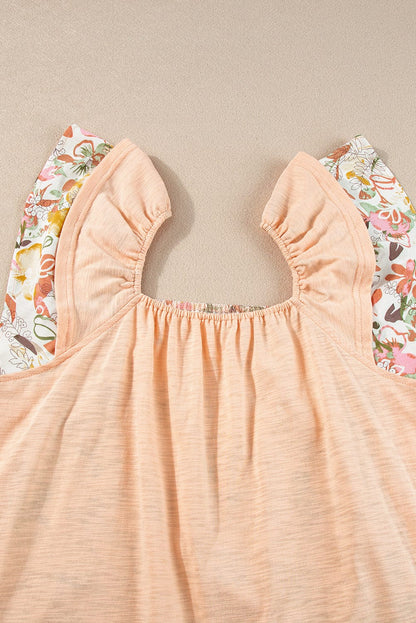 Apricot Pink Floral Ruffle Sleeve Square Neck Blouse - Southern Belle Style