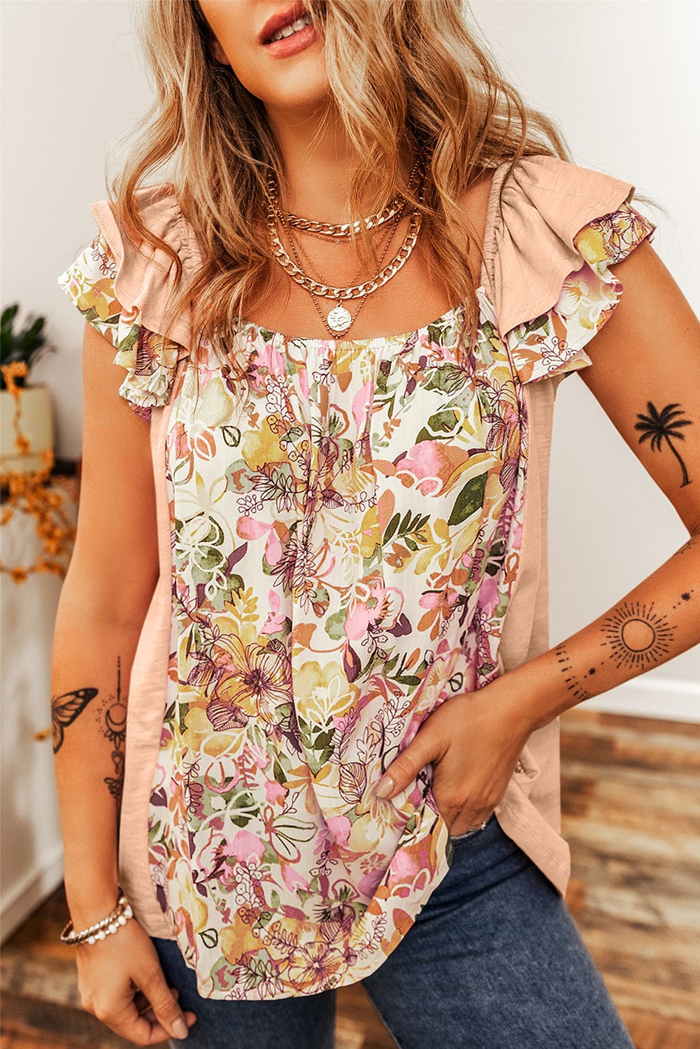 Apricot Pink Floral Ruffle Sleeve Square Neck Blouse - Southern Belle Style