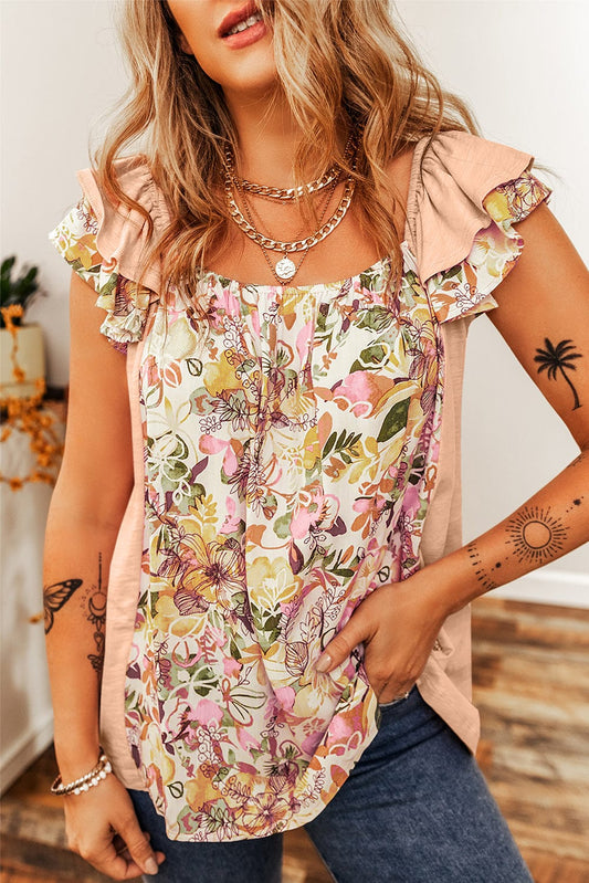 Apricot Pink Floral Ruffle Sleeve Square Neck Blouse - Southern Belle Style
