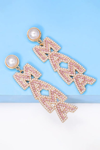 Apricot Pink MAMA Rhinestone Pearl Letter Stud Earrings